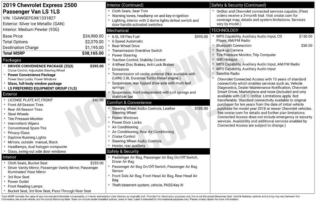 2019 Chevrolet Express Passenger 2500 LS